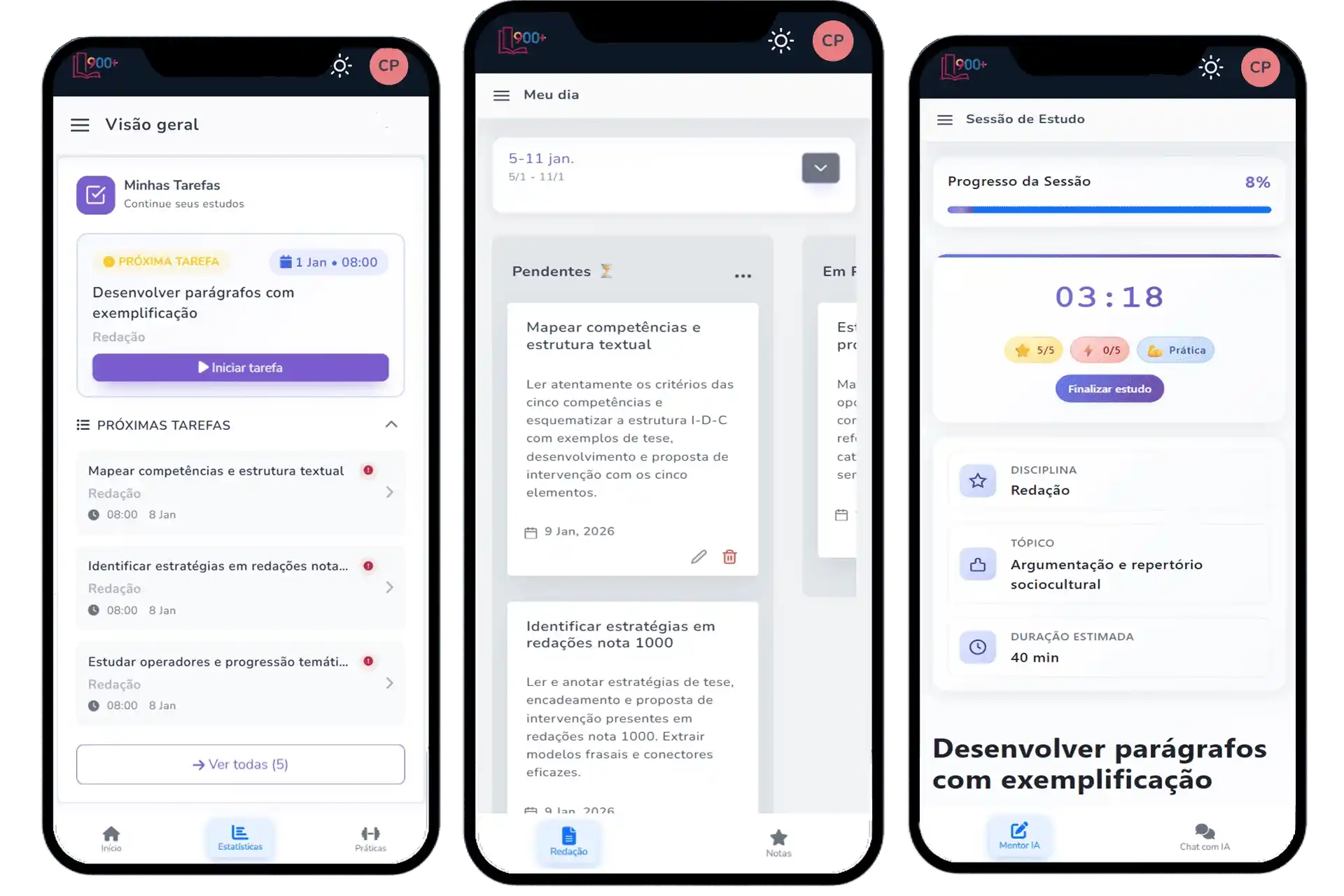 Interface do Plano de Estudos mostrando planner, scrum board e recursos interativos para professores e alunos