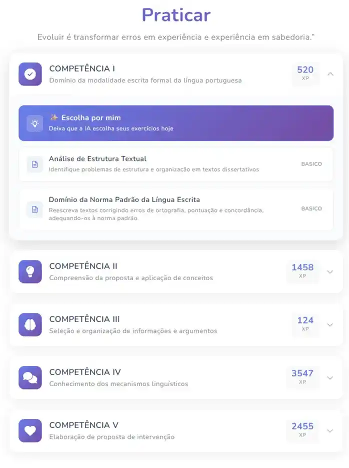 Interface de prática mostrando desafios, XP acumulado e evolução em competências da redação