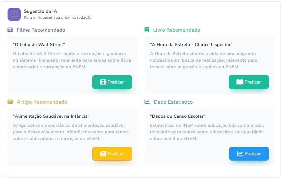Interface mostrando sugestões de IA para enriquecer repertório cultural com filmes, livros e artigos
